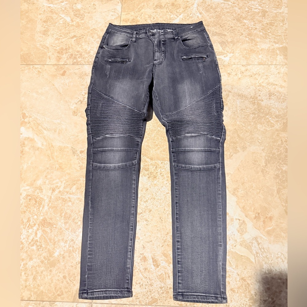 Balmain Men's Skinny Moto Jeans in Washed Gray